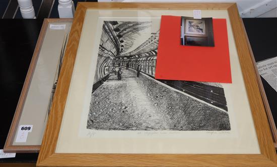 Stephen Wiltshire (1974-), pastel, Study of trams, 36 x 50cm and an artist proof print of Highgate Tube Station, 38 x 48cm